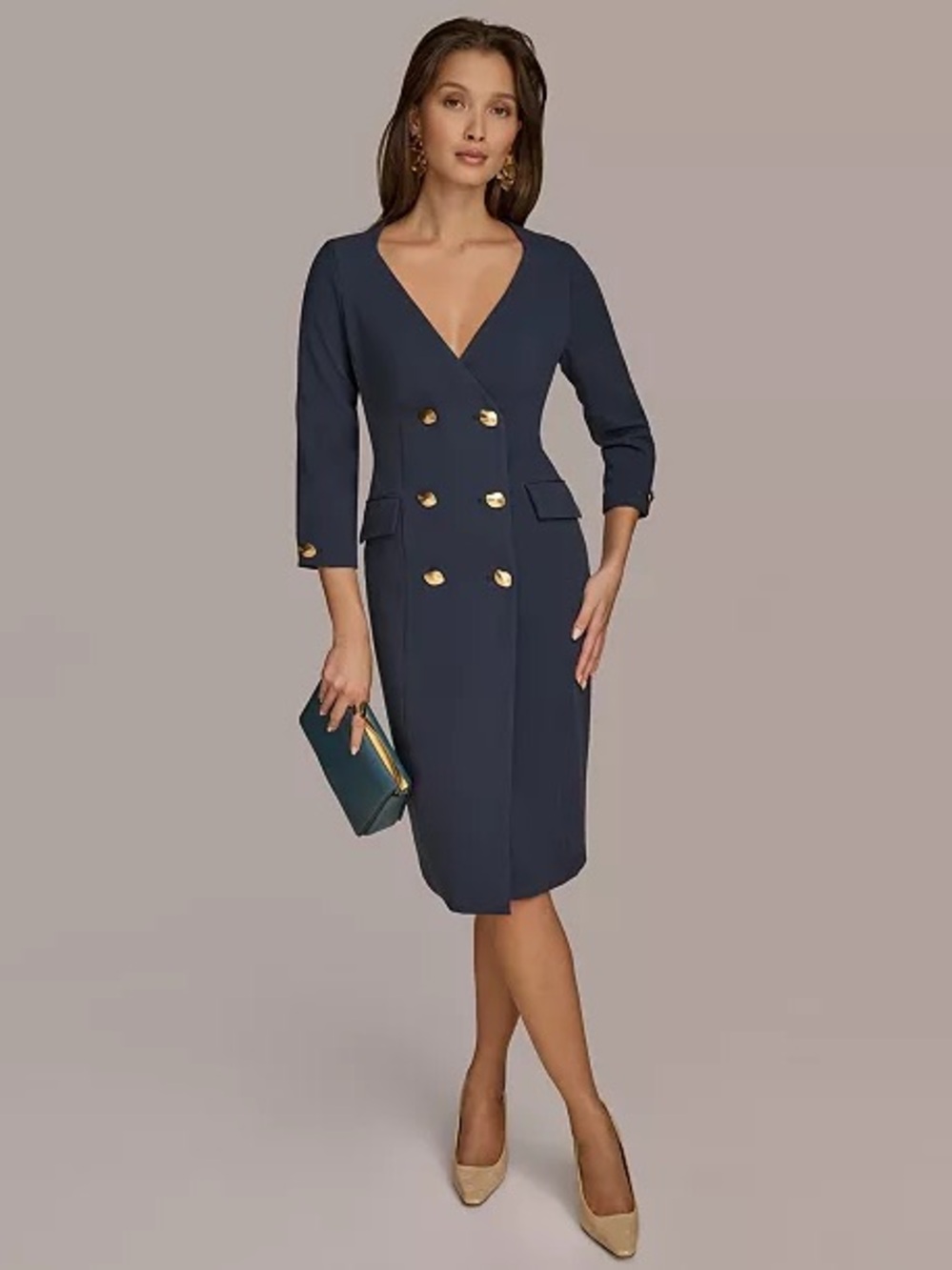 Donna Karan Navy V-Neck Double-Breasted Sheath Dress with Gold Buttons